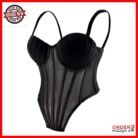 Tops - Sheer Mesh Corset Top with Pleated Cups Underwire Bustier Adjustable Straps